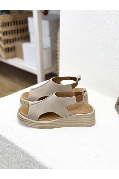 NUR KARACA 25Y1003 Khaki Leather 5cm Filled Sole Sandals with Rubber Back for Women
