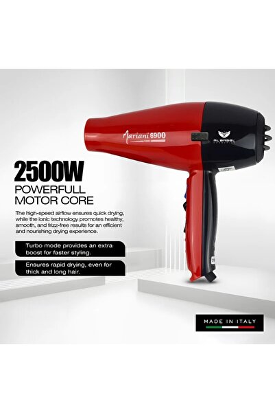 Mariani 6900 Turbo Professional Hair Dryer 2500W – Made in Italy, Red – Powerful Blow Dryer