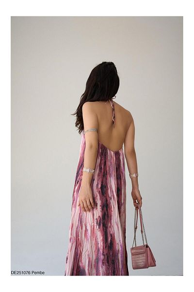 Coral Batik Patterned Backless Dress Pink