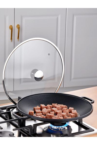 Taç Crown Casting Glass Lid Hair Roaster and Pancake Pan 34 cm Black