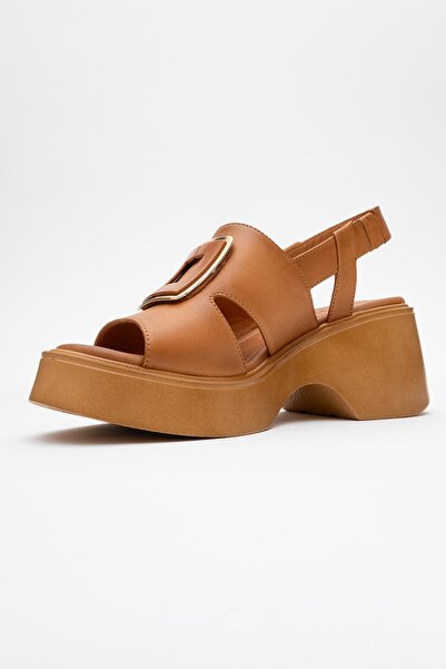 LuviShoes Lucia Tan Buckle Genuine Leather Women's Wedge Heeled Sandals