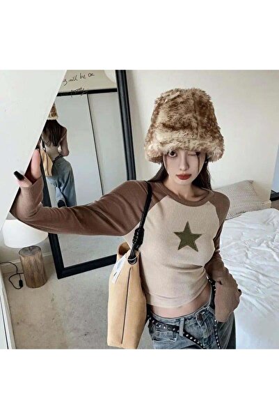 BALİNA Yeni Bej Star Raglan Kahverengi Uzun Kollu Crop -BLN