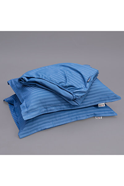 Bed N Home SA Satin Fitted Sheet Set, Striped, 1 cm, Blue, 100% Egyptian Cotton, 350 Thread Count, 2 Pillowcases, 200*200 cm