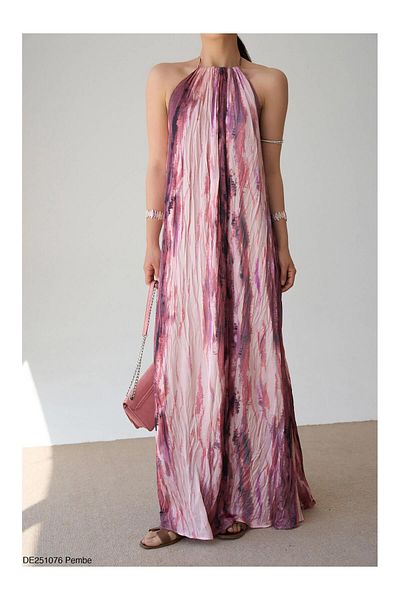 Coral Batik Patterned Backless Dress Pink