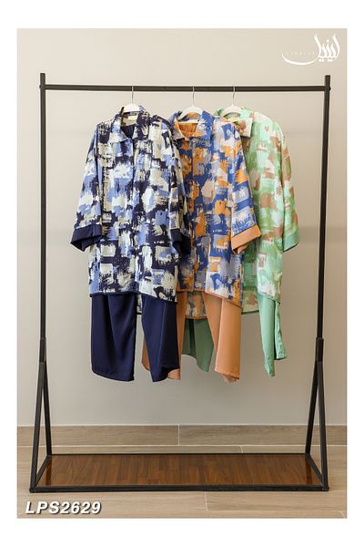 LINELLE Ladies Co-ord Pant Set- Abstract Printed Shirt and Solid Color Pant with Long Sleeves.