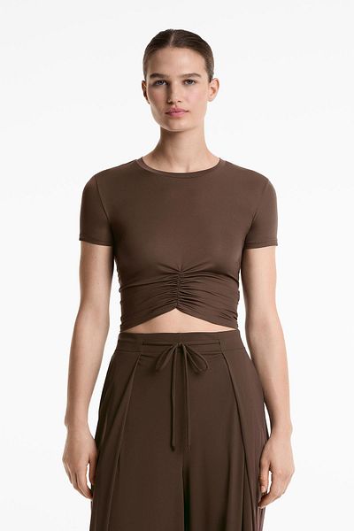 Oysho Short-sleeved crop ruched T-shirt