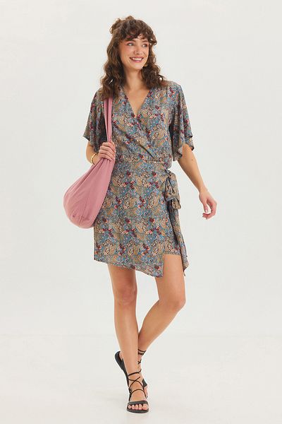 Clandestino Bohemian Patterned Short Jumpsuit with Flywheel Sleeves Blue