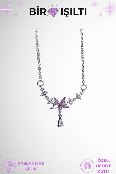 Birmem Women's Silver Color Stainless Steel Non-Tarnishing Pink Magnolia Flower Drop Stone Ivy Necklace