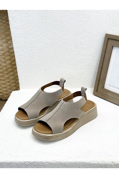 NUR KARACA 25Y1003 Khaki Leather 5cm Filled Sole Sandals with Rubber Back for Women