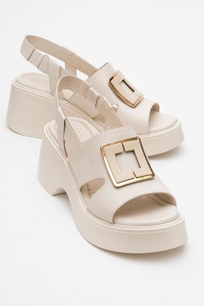 LuviShoes Lucia Ecru Buckle Genuine Leather Women's Wedge Heeled Sandals