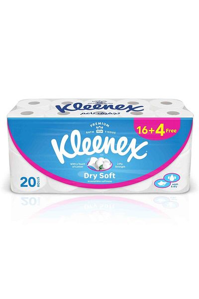 Kleenex Dry Soft Toilet Tissue Paper Embossed Bathroom 2ply 200 Sheets 16+4 Free Rolls