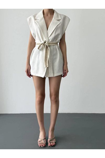 Coral Belted Shawl Collar Vest Ecru