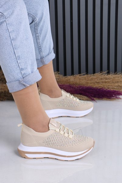 KM shoes Women's Beige Stone Detailed Knitwear Sneaker – Light Sole Comfortable Casual Sports Shoes