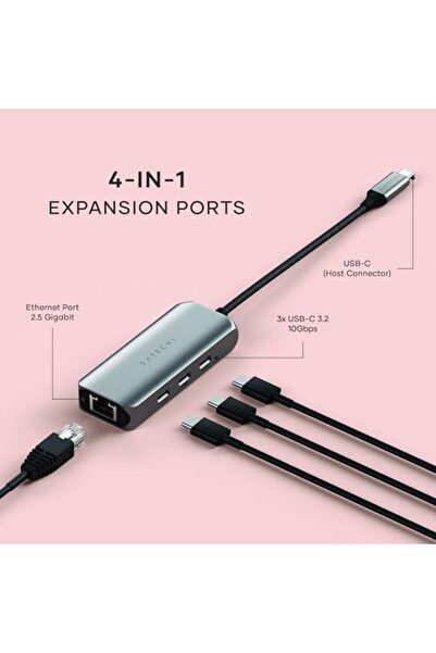 Satechi محول إيثرنت USB-C بسرعة 2.5 جيجابت، محول شبكة USB-C 4 في 1
