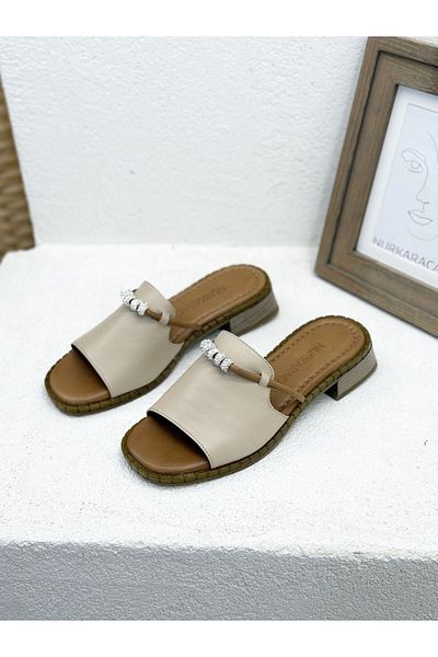NUR KARACA 25Y048 Stone Detail Genuine Leather 3cm Thick Heel Slippers for Women