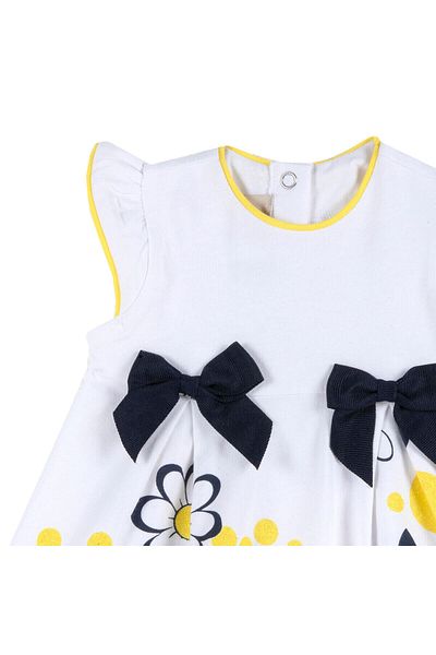 Chicco - Little Girls White Dress With Yellow Print And Navy Bows