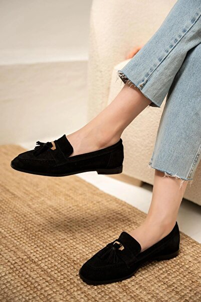 LamintaGlobal Glomar Black Suede Tassel Detailed Genuine Leather Women's Loafer