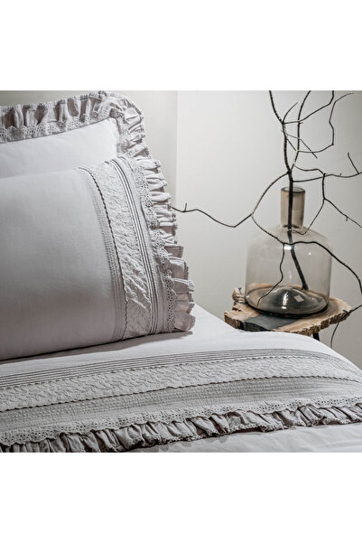 Ecocotton Adelya Battal Size Duvet Cover Set 100% Organic Cotton Linen Embroidered Gray 240X220 cm