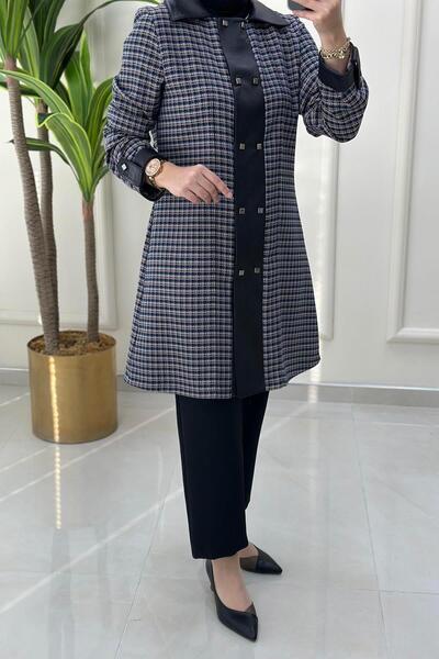 Qetenn Kareli Önü Çıtçıtlı Deri Kombinli Kadın Tüvit Tunik Ceket Mavi QTN 4780