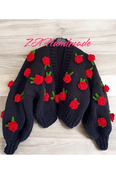 ZAHandmade Rose Detailed Hand Knitted Cardigan
