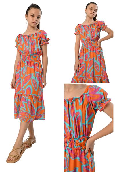 İrem Çocuk Giyim Girl's Midi Length Waist Collar Elastic Patterned Oversize Orange Color Dress