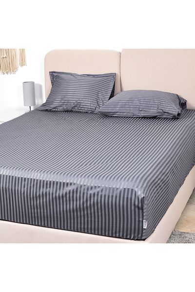 Bed N Home SA Fitted bed sheet set,100%Egyptian cotton, 350TC, Stripe, 1cm, Gray ,2pillowcases. 160x200cm