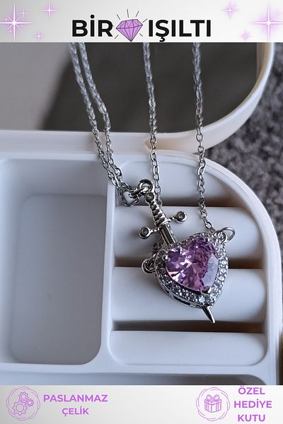 Birmem Women's Silver Color Steel Sword and Lilac Stone Heart Double Necklace Set