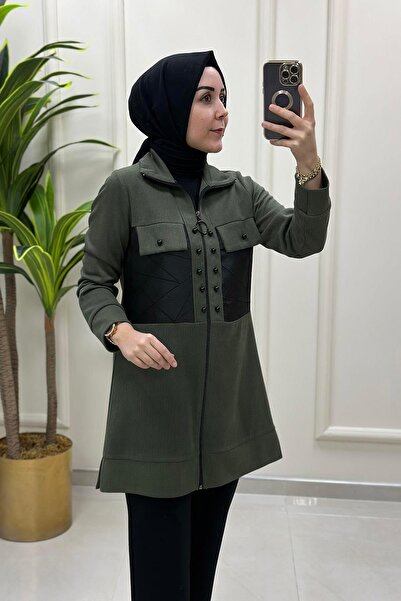 Haya Önü Fermuarlı Jakar ve İnci Kombinli Kadın Giyçık Tunik Haki Yeşili HYA 1468
