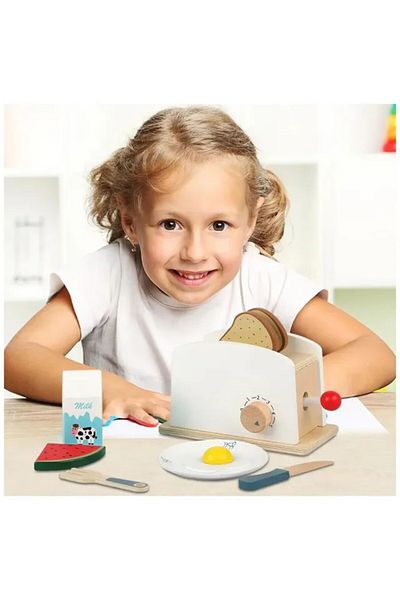 LITTLE ANGEL Kids Wooden Bread Toaster Toy Set – Pretend Play Breakfast Set With Cute Accessories