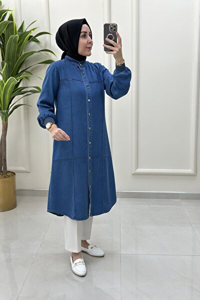 Alesya Kot Önü Düğmeli Kolu Ribanalı Kadın Tunik Mavi ALS 5147