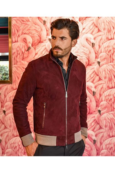 By Marki Marki Men's Burgundy Genuine Suede Leather Jacket – Zippered, Lined, 4 Pockets, 67 cm - 504422