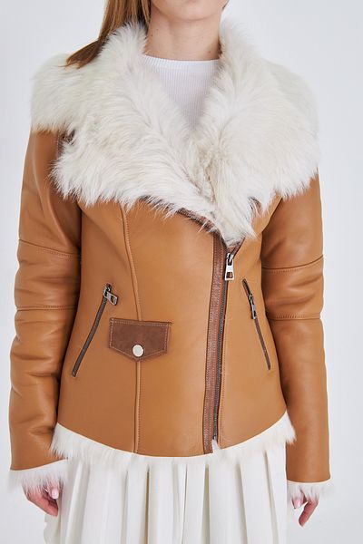 By Marki Marki Women's Genuine Tuscan Fur Coat – Tan, Fit Cut, Zippered, 63 Cm, Winter, Luxury Leather Coat - 112122