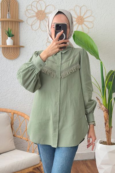 Salih Çelebi 2109 Πουκάμισο με μπαλόνι μανίκι - MINT GREEN