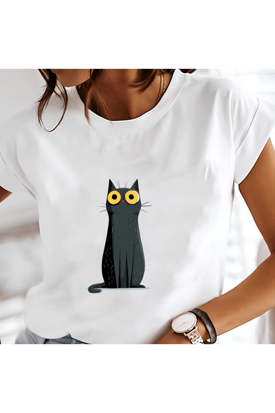 MAGORS TRIUC DE BUMBAC CU Mânecă Scurtă Imprimat SWEET BLACK CAT pentru femei...