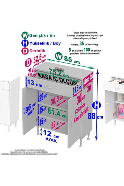 Modilayn 85 x 88 x 32,5 cm’lik 1 Çekmece 1 Kapak 2 RAF 3 Gözlü Organizatör Mutfak Dolabı Çok Amaçlı Dolap