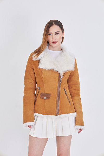 By Marki Marki Women's Genuine Suede Leather Tuscany Fur Coat – Tan, Fit Cut, Zippered, 63 Cm, Winter - 112122