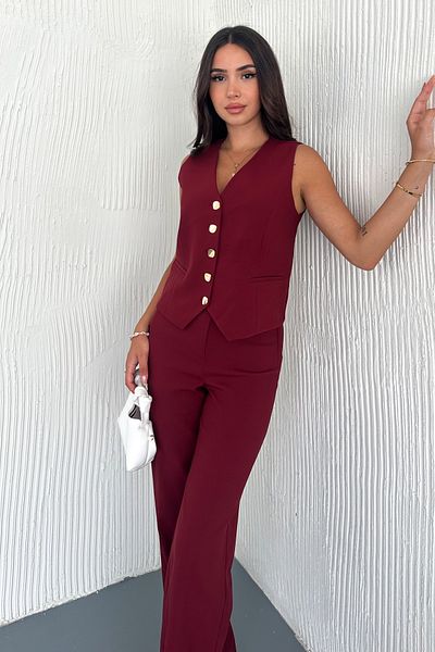 FEMELLE Set de pantaloni cu clemă cu nasturi de damă bordeaux