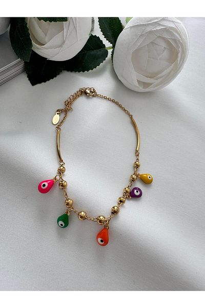 Pelin Aksesuar Colorful Evil Eye Beaded Drop Steel Anklet