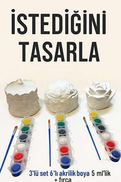 Genel Markalar Objehouse 3’lü Boyanabilir Alçı Seti – 6’lı 5ml Akrilik Boya + Fırça Hediyeli | Kendin Yap Hobi Seti