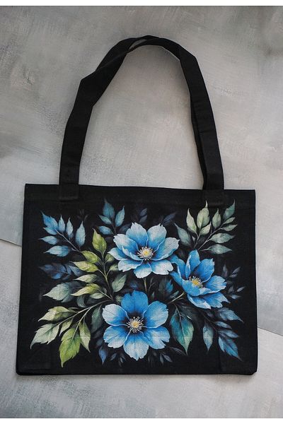 Mrey Blue Floral Printed Canvas Black Tote Bag, Floral, Gusseted, Tote, Suitable for Daily and Beach Use