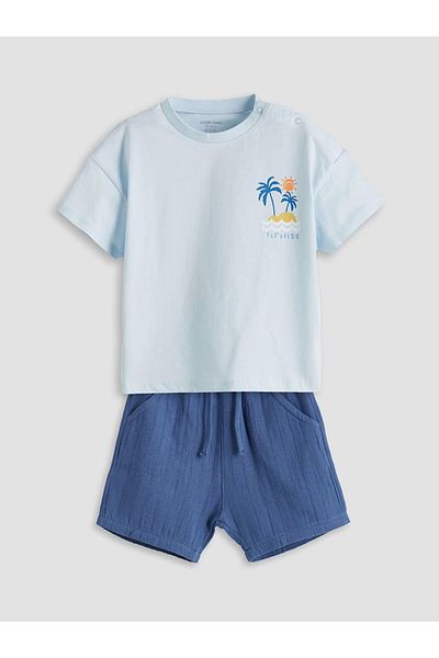LC Waikiki Lcw Baby Blue Printed Baby Boy Rompers and Shorts 2-Pack