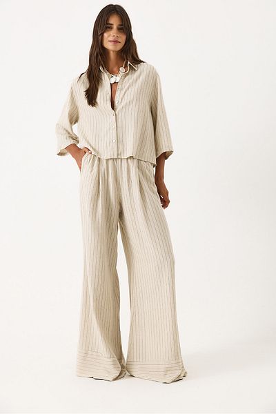VENA Wide Leg Striped Linen Trousers with Elastic Waist - Beige Striped