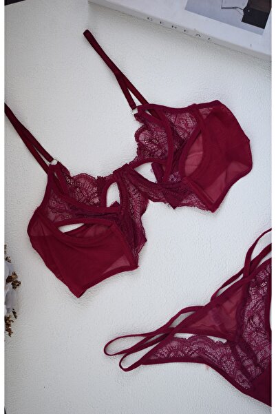 BLUEAVCI Mürdüm Dantelli Pencere Detay İç Çamaşırı Takımı