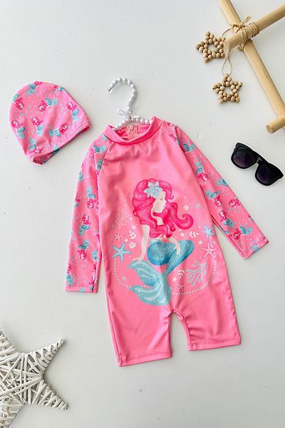 Minigimin Cicileri My Little Girl's Mermaid Patterned Girl's Swimsuit and Bonnet Set - Pink