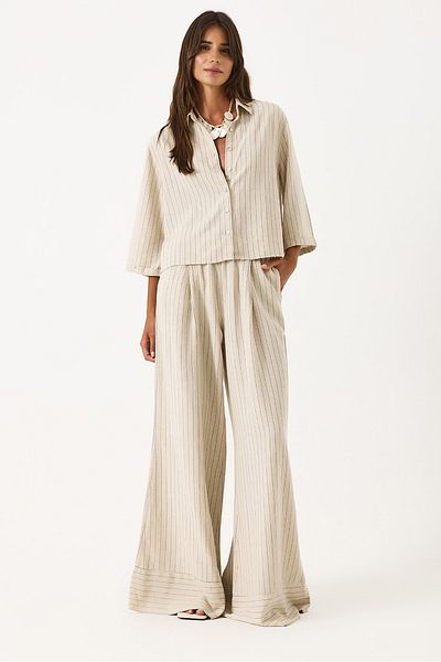 VENA Wide Leg Striped Linen Trousers with Elastic Waist - Beige Striped