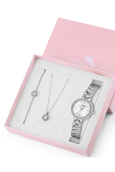 Polo Air Baklava Desen Kadın Kol Saati Zirkon Taşlı Yuvarlak Kolye Bileklik Kombin Gümüş Renk ST-2161S2