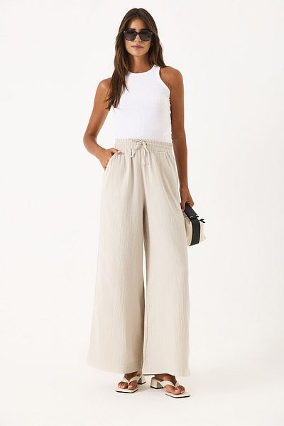 VENA Gigi High Waist Wide Leg Muslin Trousers - Stone