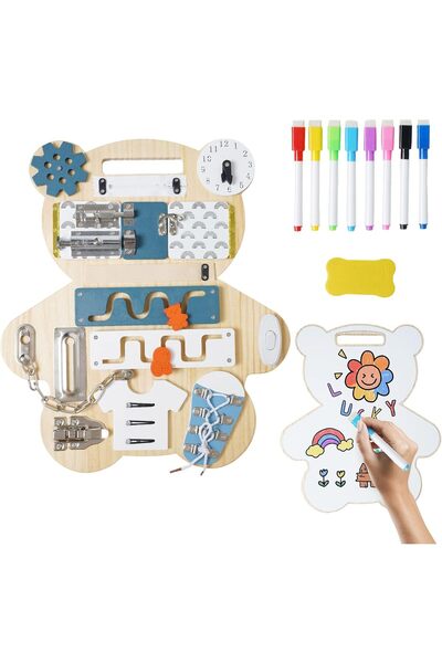Factory Price 14-in-1 Bear-Shaped Wooden Busy Board with Double-Sided Drawing...
