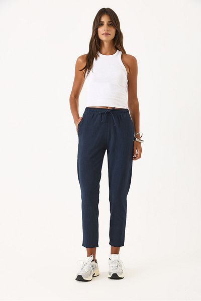 VENA Alian Elastic Waist Seersucker Striped Beach Trousers - Dark Blue Striped