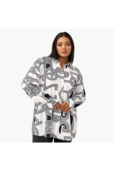 Ulla Popken Plus Size Ulla Popken Printed Shirt with Long Sleeves